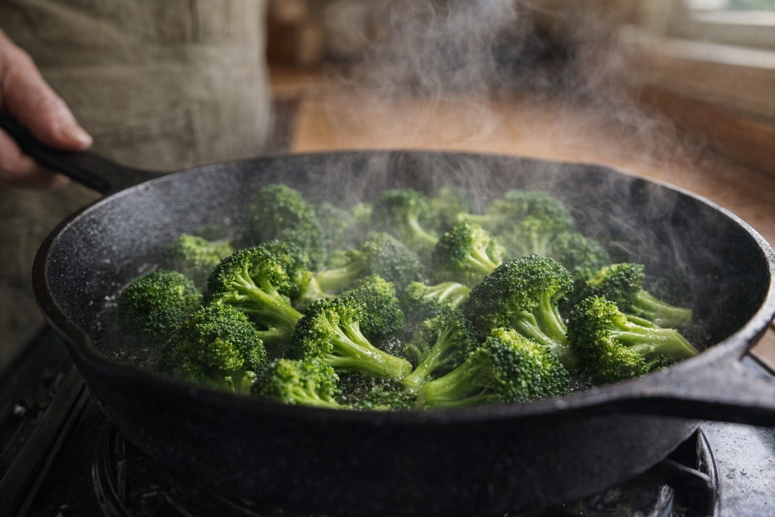 An eye-level shot of broccoli florets being sautéed in a cast iron skillet, close-up of the florets turning bright green, steam rising from the pan, warm indoor lighting